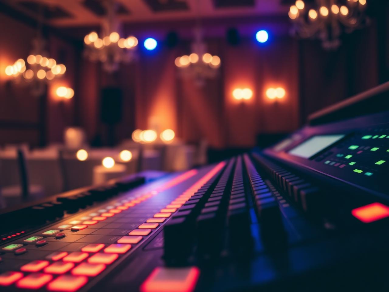 Audio console glowing in a candlelit wedding venue